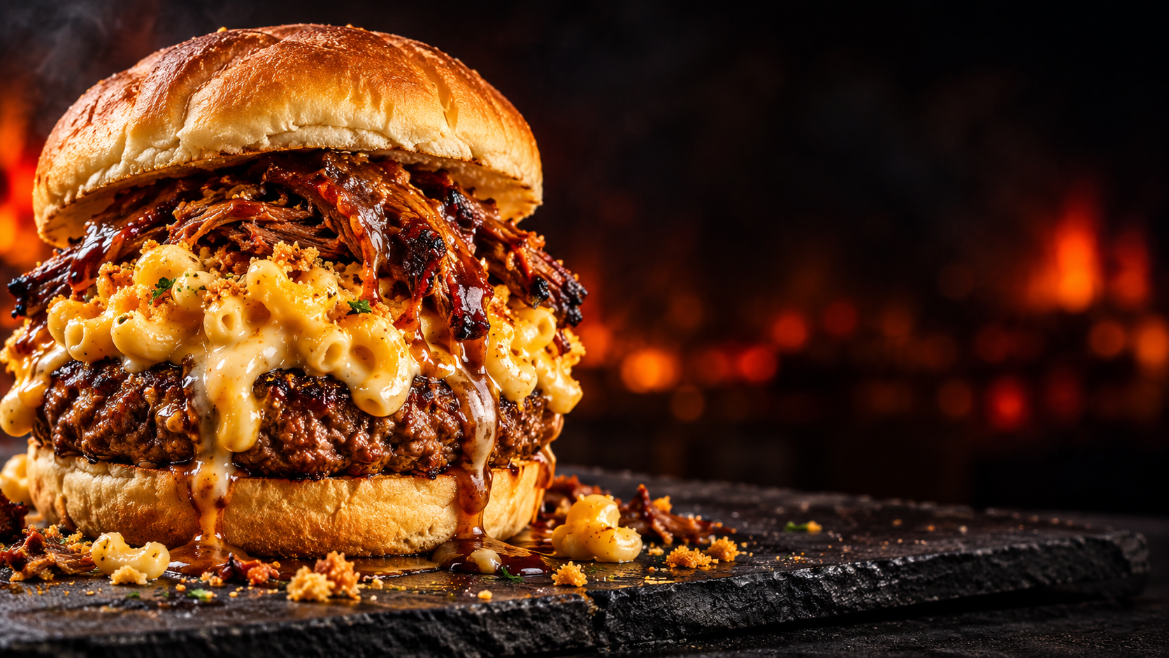 Illustrative stuffed patty sandwich with mac and cheese and braised meat