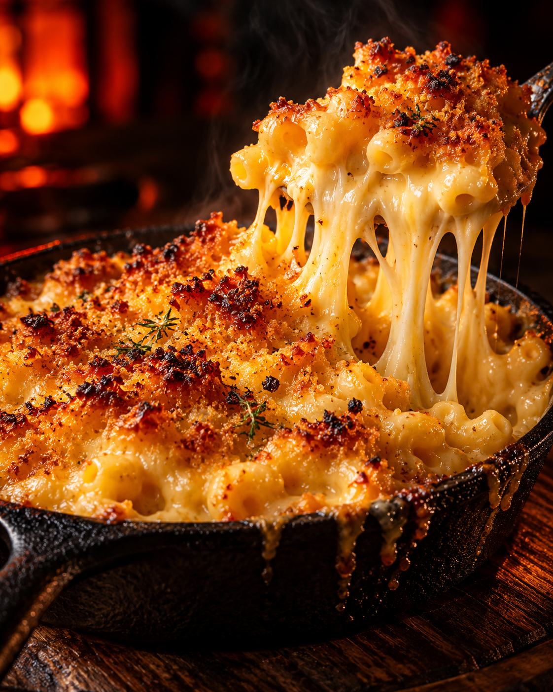 Illustrative close up of baked mac and cheese with a golden crust
